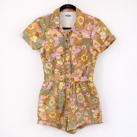 Show Me Your MuMu Pants - SHOW ME YOUR MUMU Cannon Romper Groovy Blooms Floral Denim Size Small